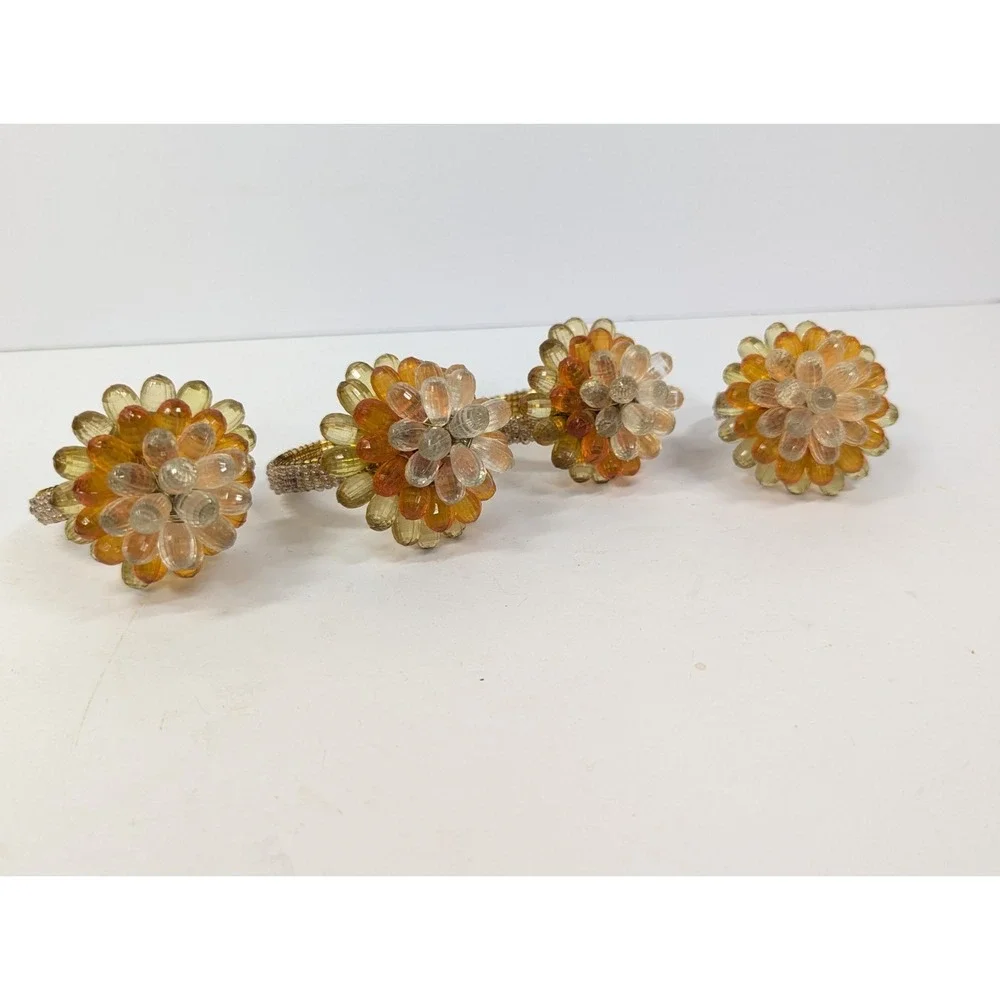 4 Vintage Mid Century Modern Vibe Orange Yellow Clear Faceted Bead‎ Napkin Rings